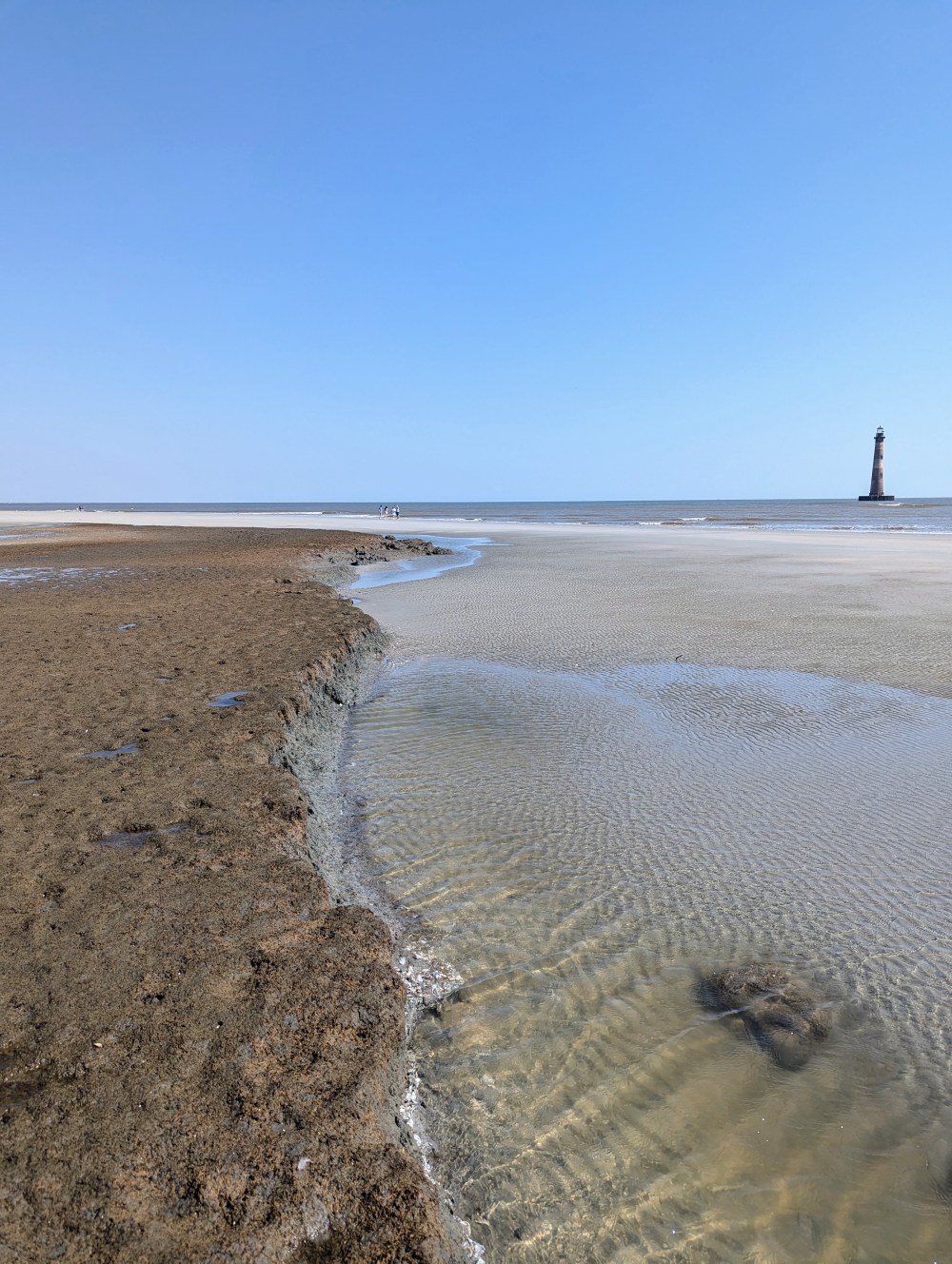 Wide sandy beach with a distant lighthouse under a clear blue sky.